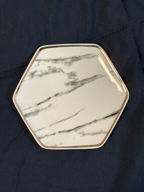 Pier 1 White Marbled Hexagon Trinket Dish with Gold Rim
